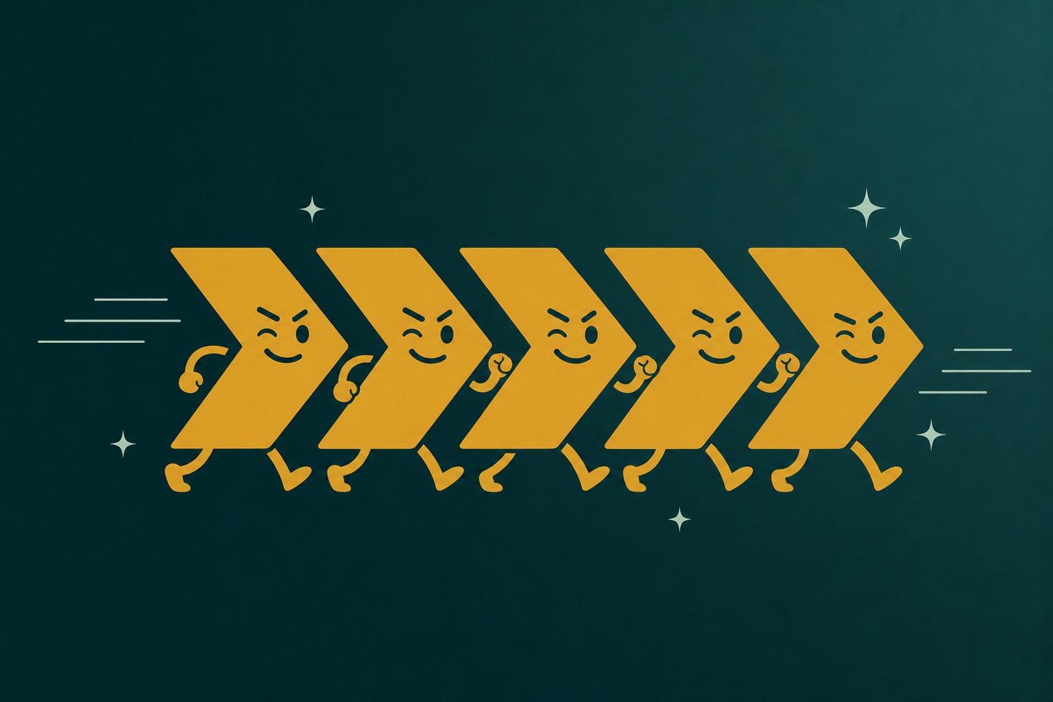 The Pipeline Crew: gold chevron characters moving a pipeline forward
